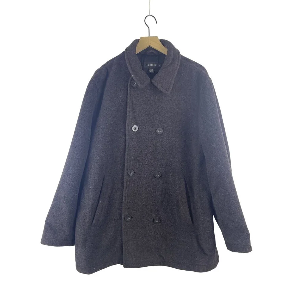 J. Crew Men's Large Wool Blend Double Breasted Gray Brown Winter Pea Coat Preppy